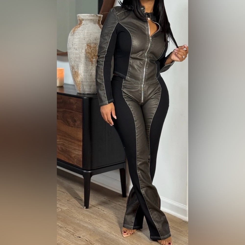 Charcoal Vegan Leather two piece zip up two piece set